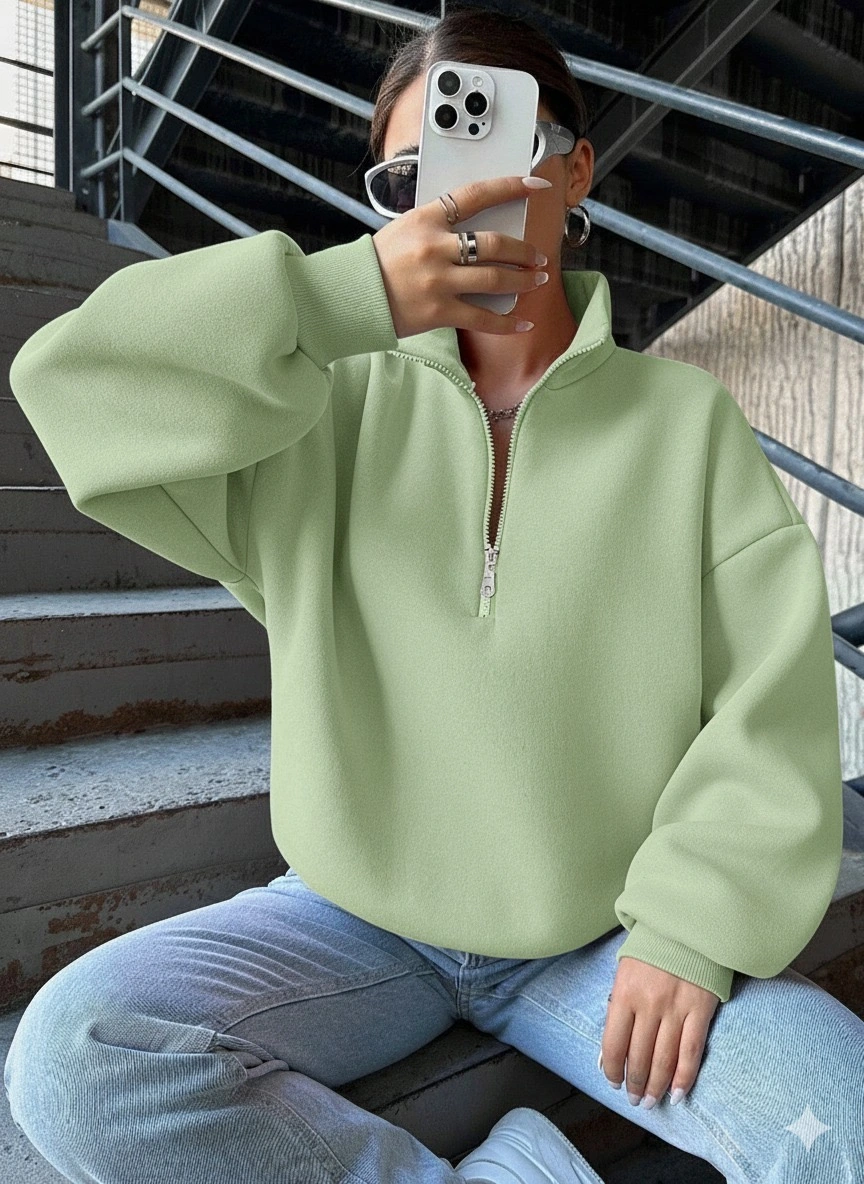 3 iplik Şardonlu yarım fermuarlı sweatshirt mint