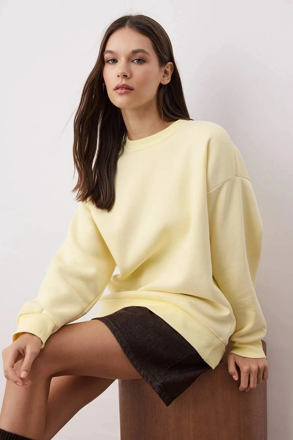 3 iplik şardonlu bisiklet yaka sweatshirt sarı