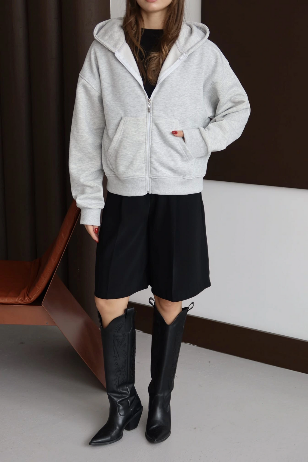 3 iplik şardonlu kapşonlu hoodie frm gri p510437