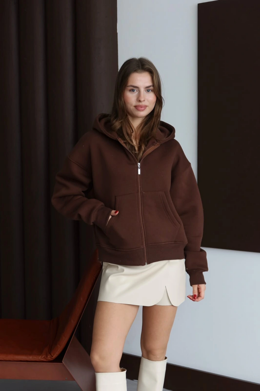 3 iplik şardonlu kapşonlu hoodie frm kahve p510437