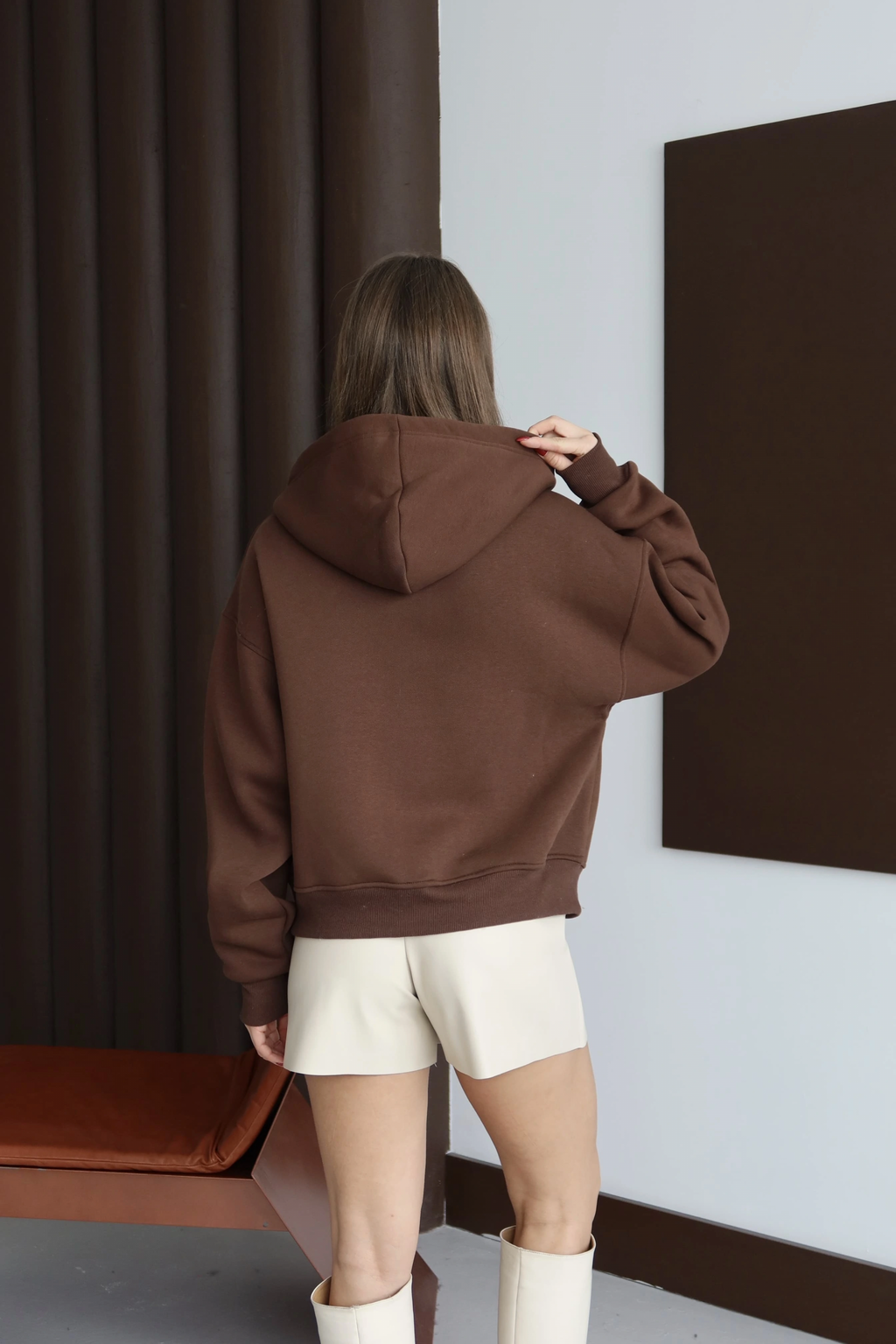 3 iplik şardonlu kapşonlu hoodie frm kahve p510437