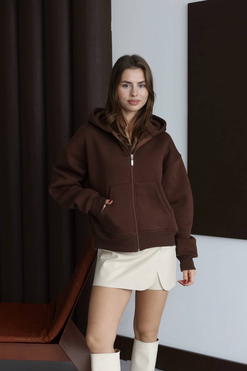3 iplik şardonlu kapşonlu hoodie frm kahve p510437