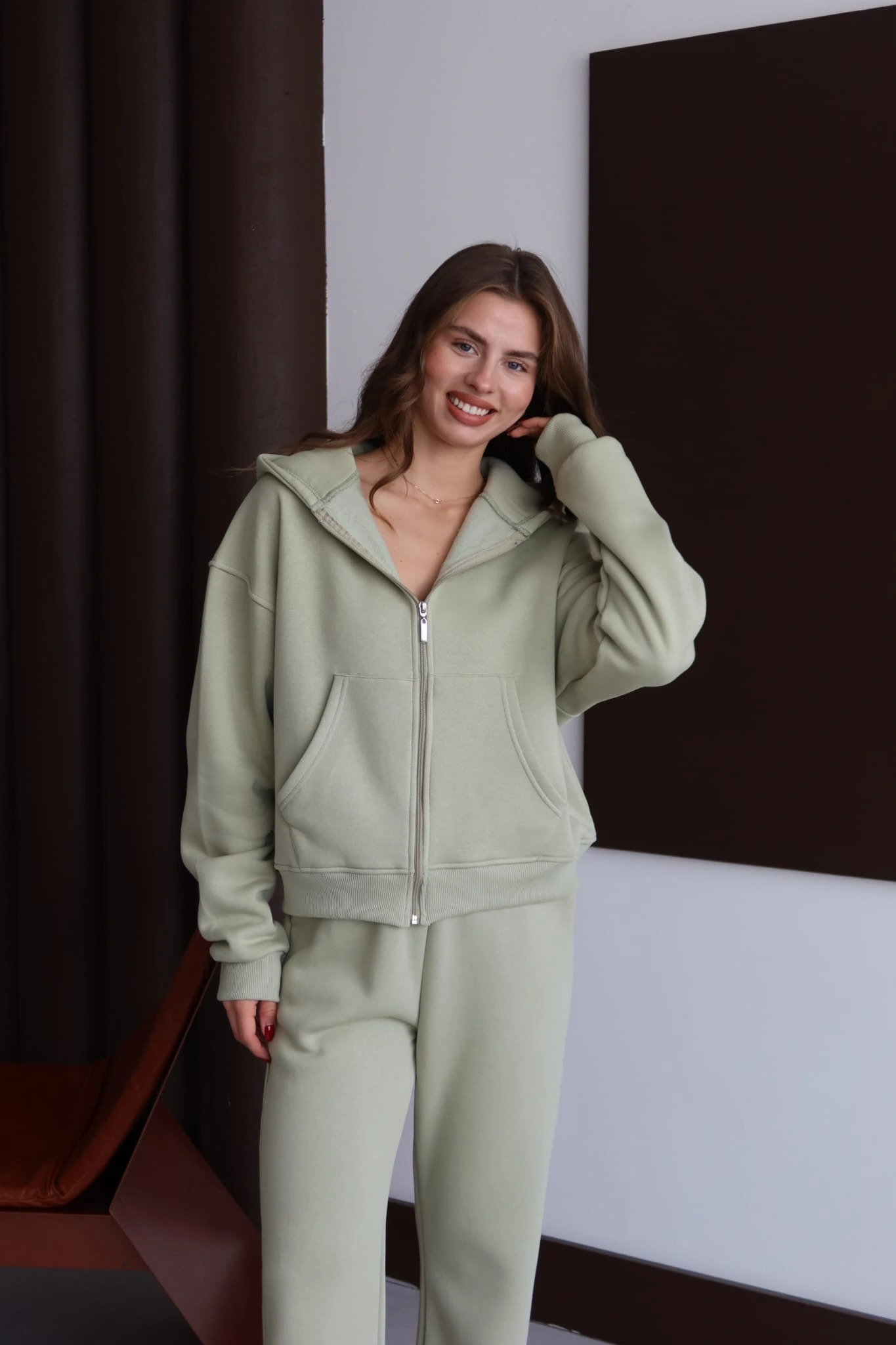 3 iplik şardonlu kapşonlu hoodie frm mint p510437