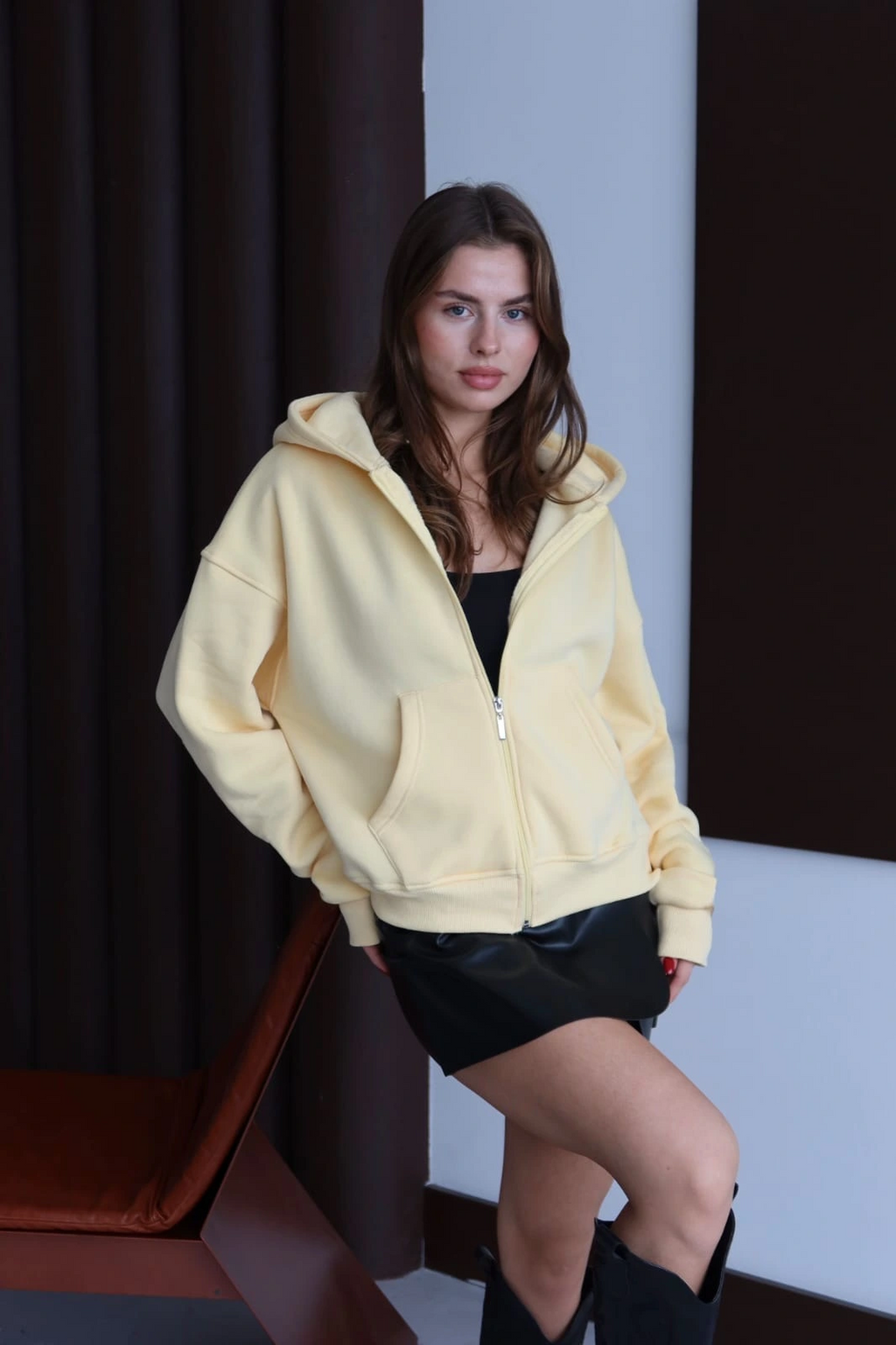 3 iplik şardonlu kapşonlu hoodie frm sarı p510437