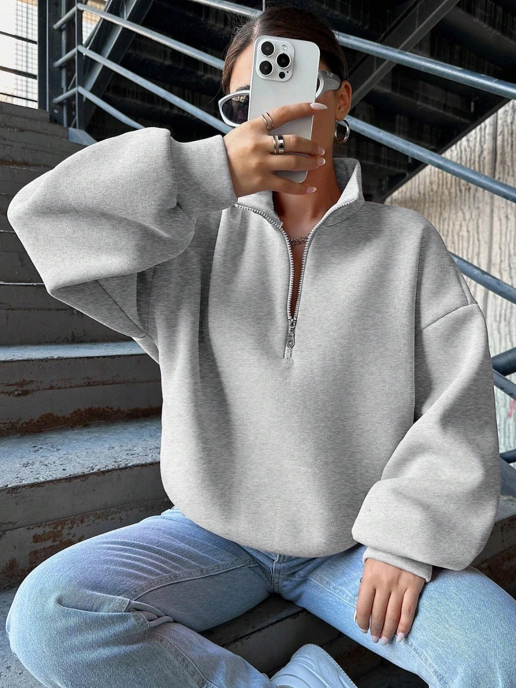 3 iplik Şardonlu yarım fermuarlı sweatshirt gri