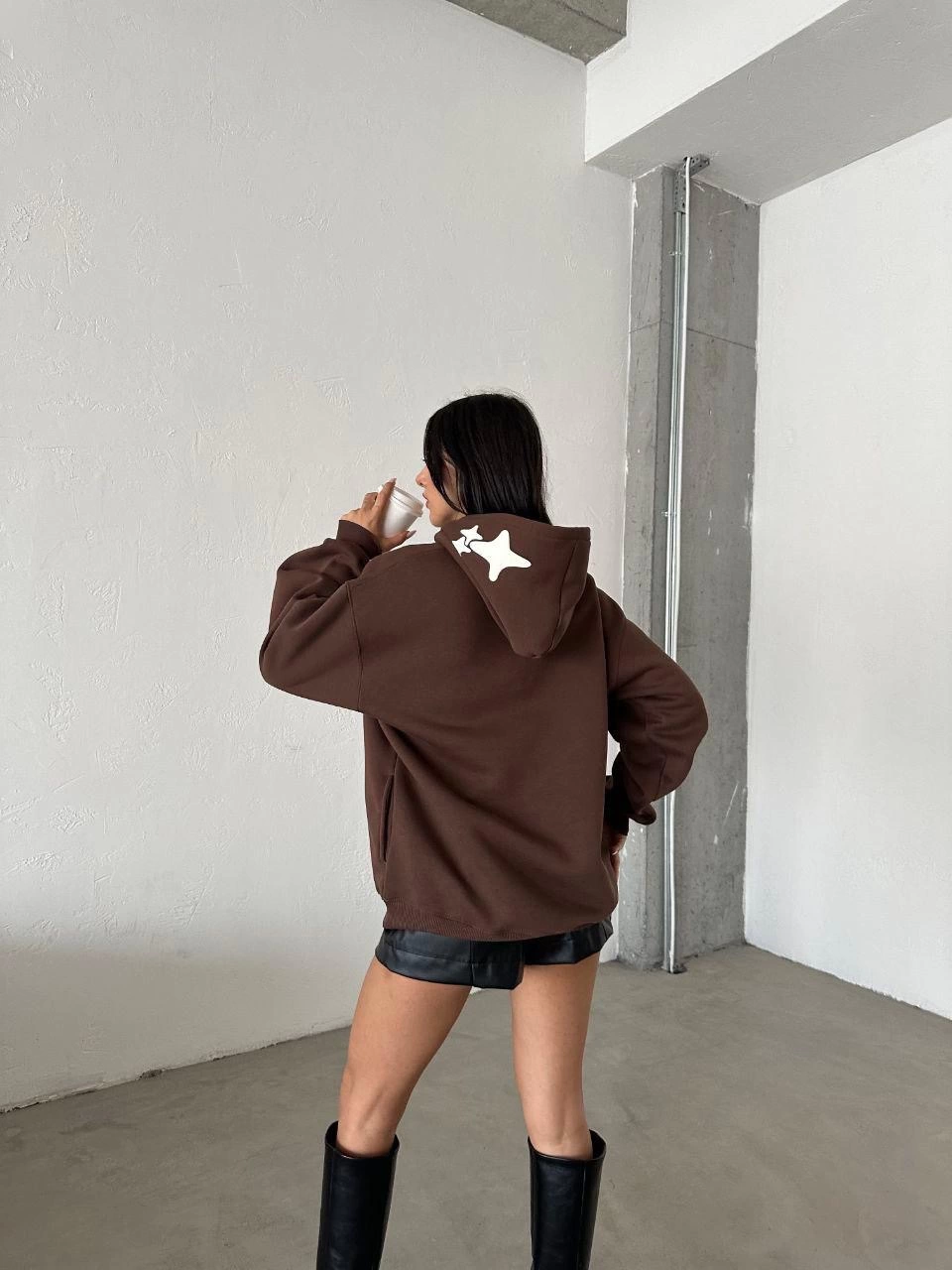 3 iplik şardonlu oversize out of baskılı sweat kahve
