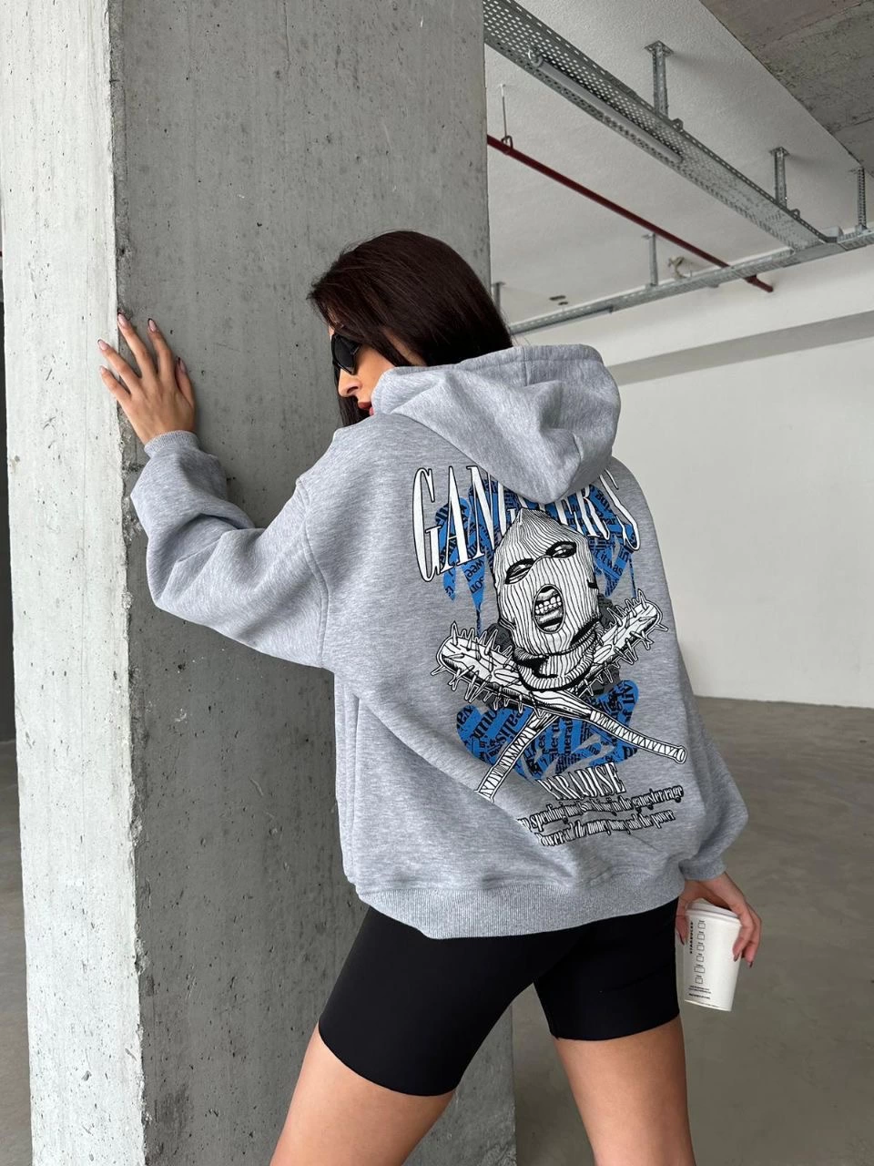 3 iplik şardonlu oversize kafa baskılı sweat gri