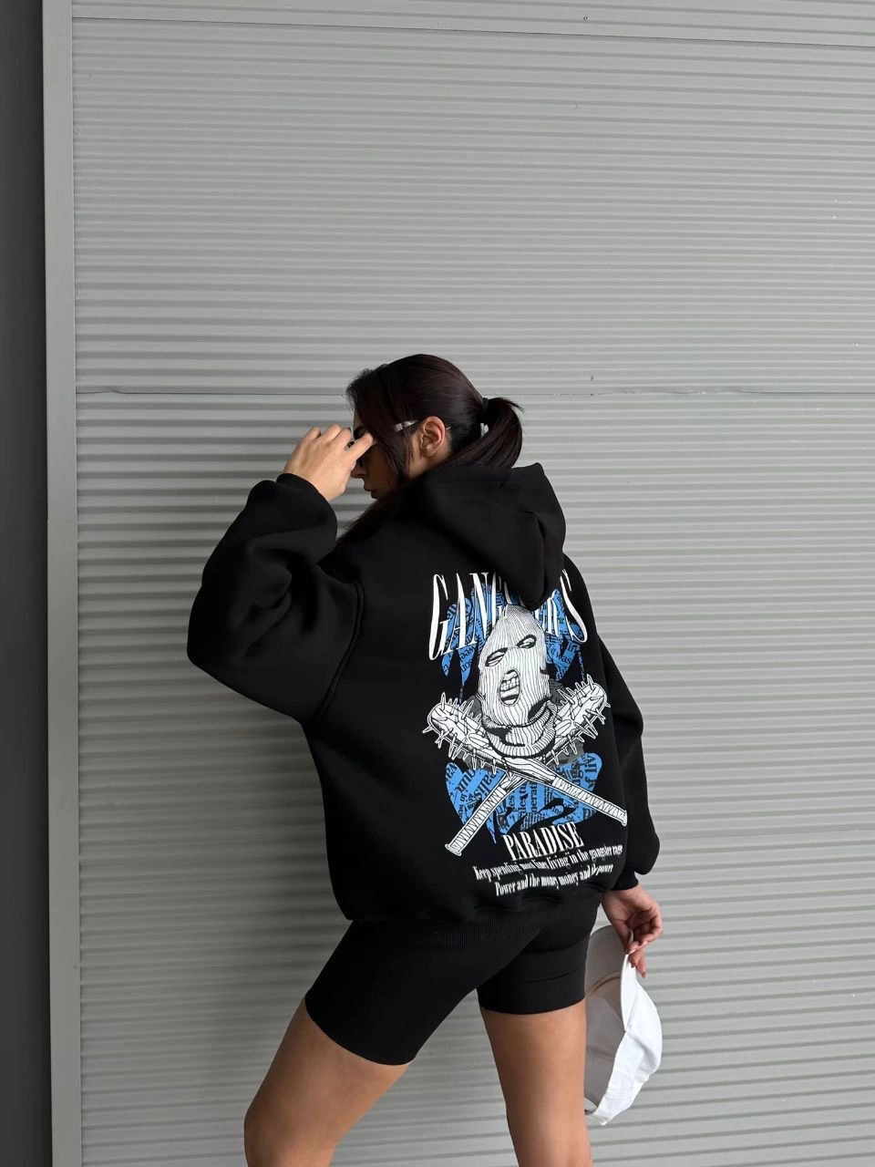 3 iplik şardonlu oversize kafa baskılı sweat siyah