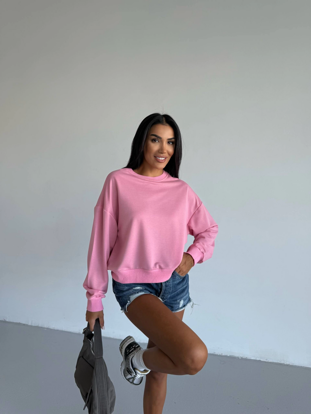 2 iplik bisiklet yaka sweat pembe f2339