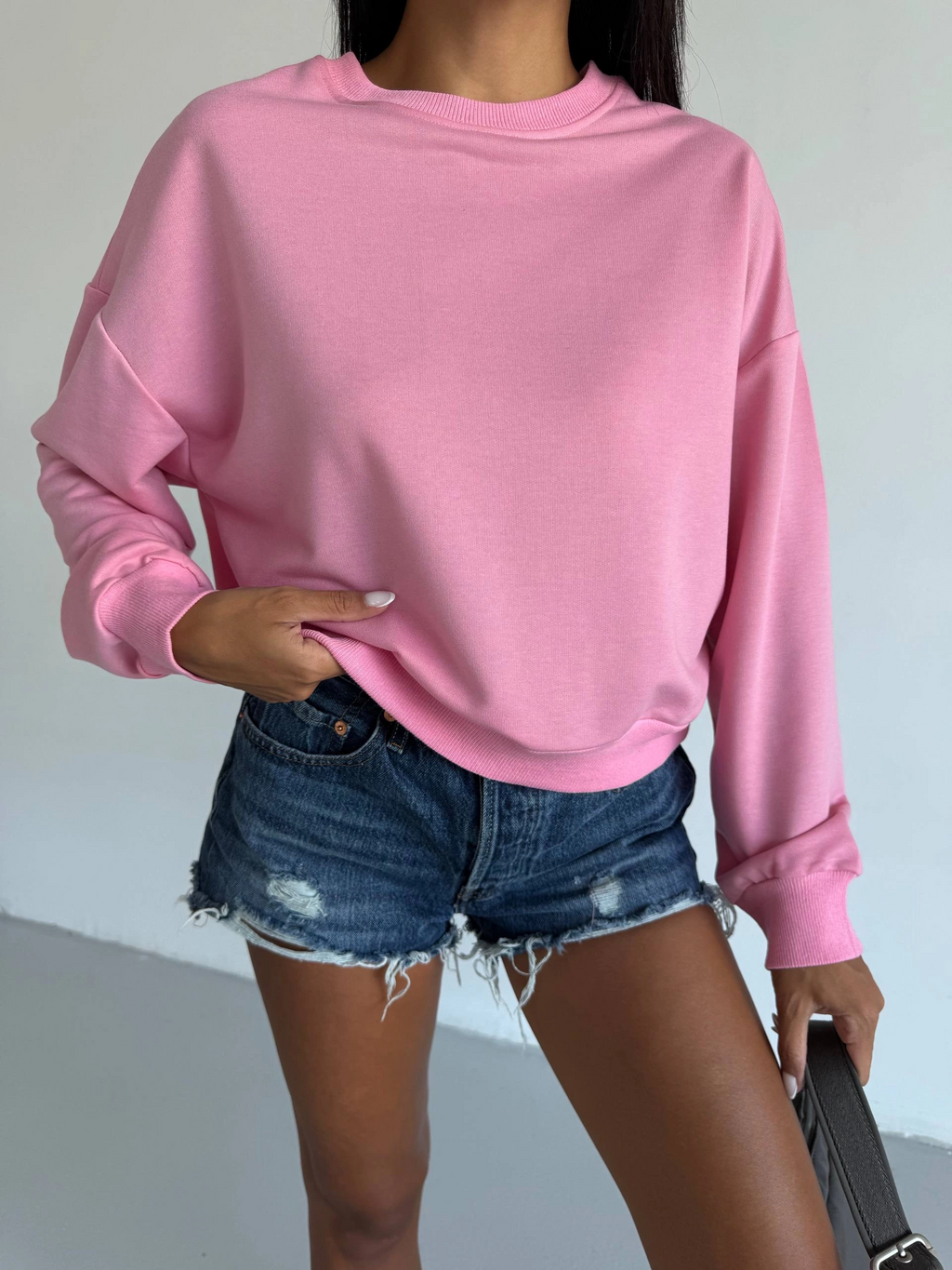 2 iplik bisiklet yaka sweat pembe f2339