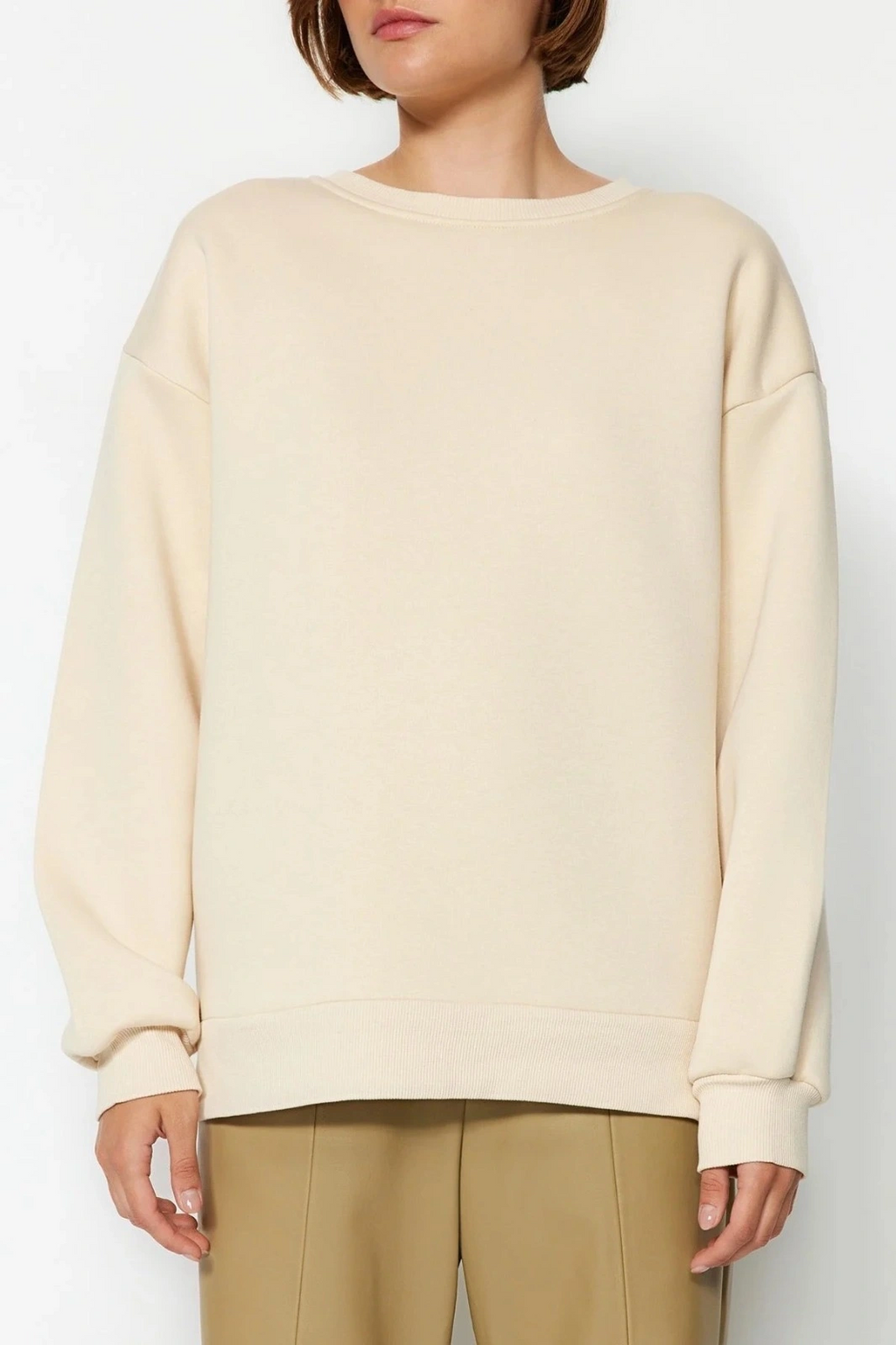 3 iplik şardonlu bisiklet yaka sweatshirt bej