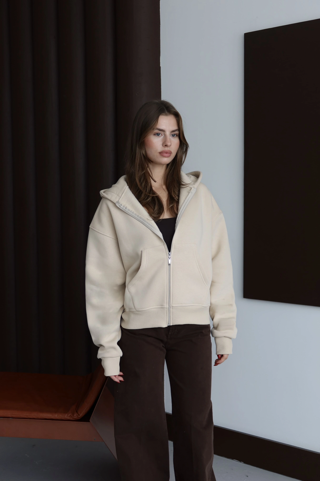 3 iplik şardonlu kapşonlu hoodie frm bej p510437