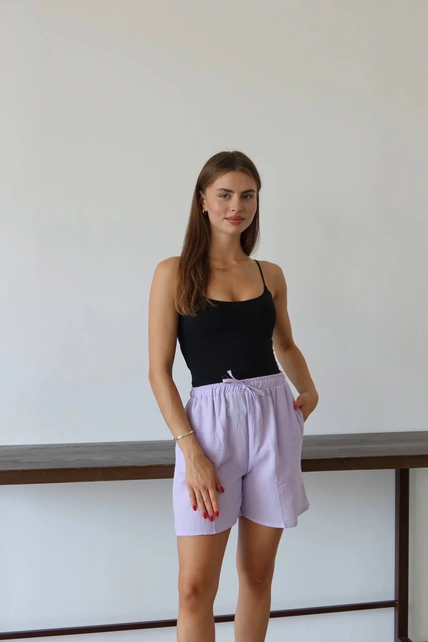 Müslin kumaş şort bağcıklı lila pt