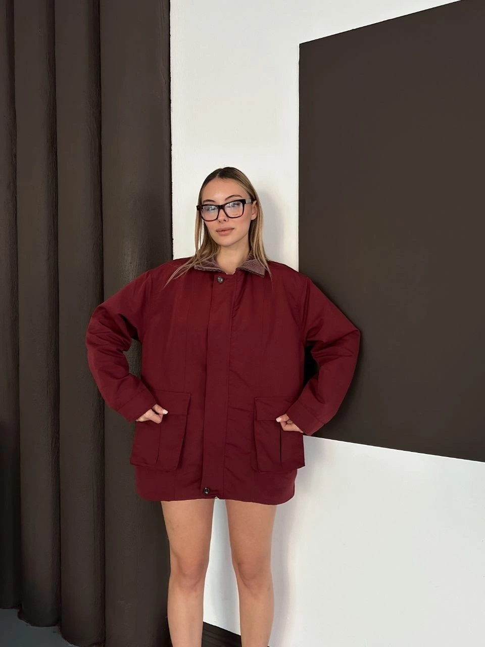Astarlı yaka detaylı artos ceket bordo st2651019