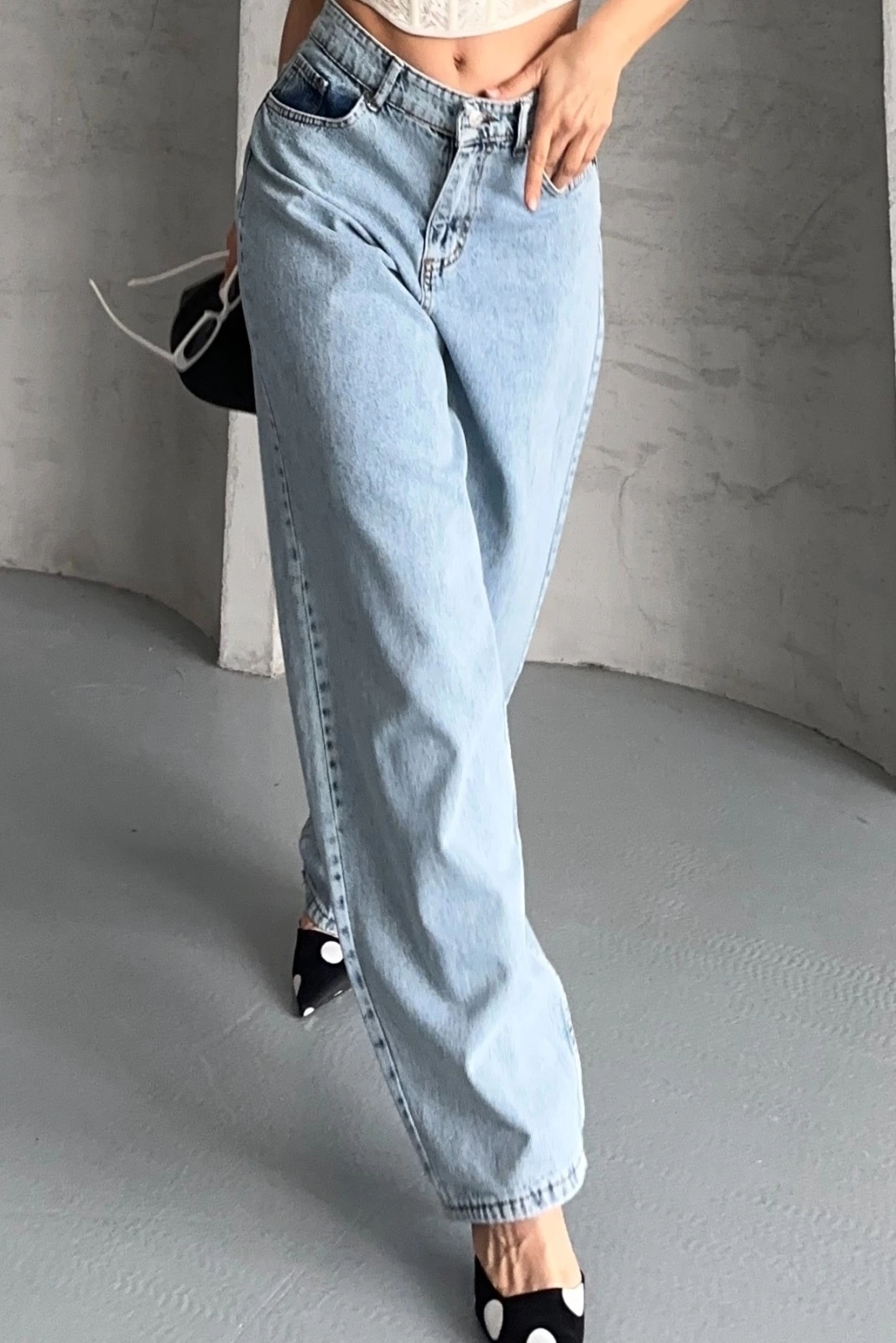 Baggy kar yıkama buz mavi jeans pantolon d2007