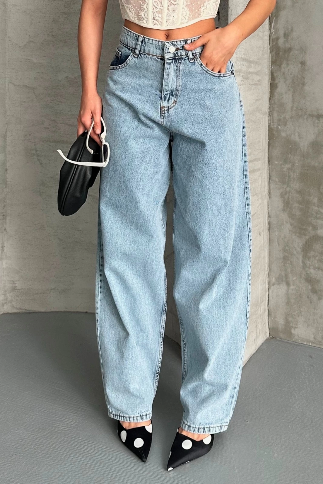 Baggy kar yıkama buz mavi jeans pantolon d2007