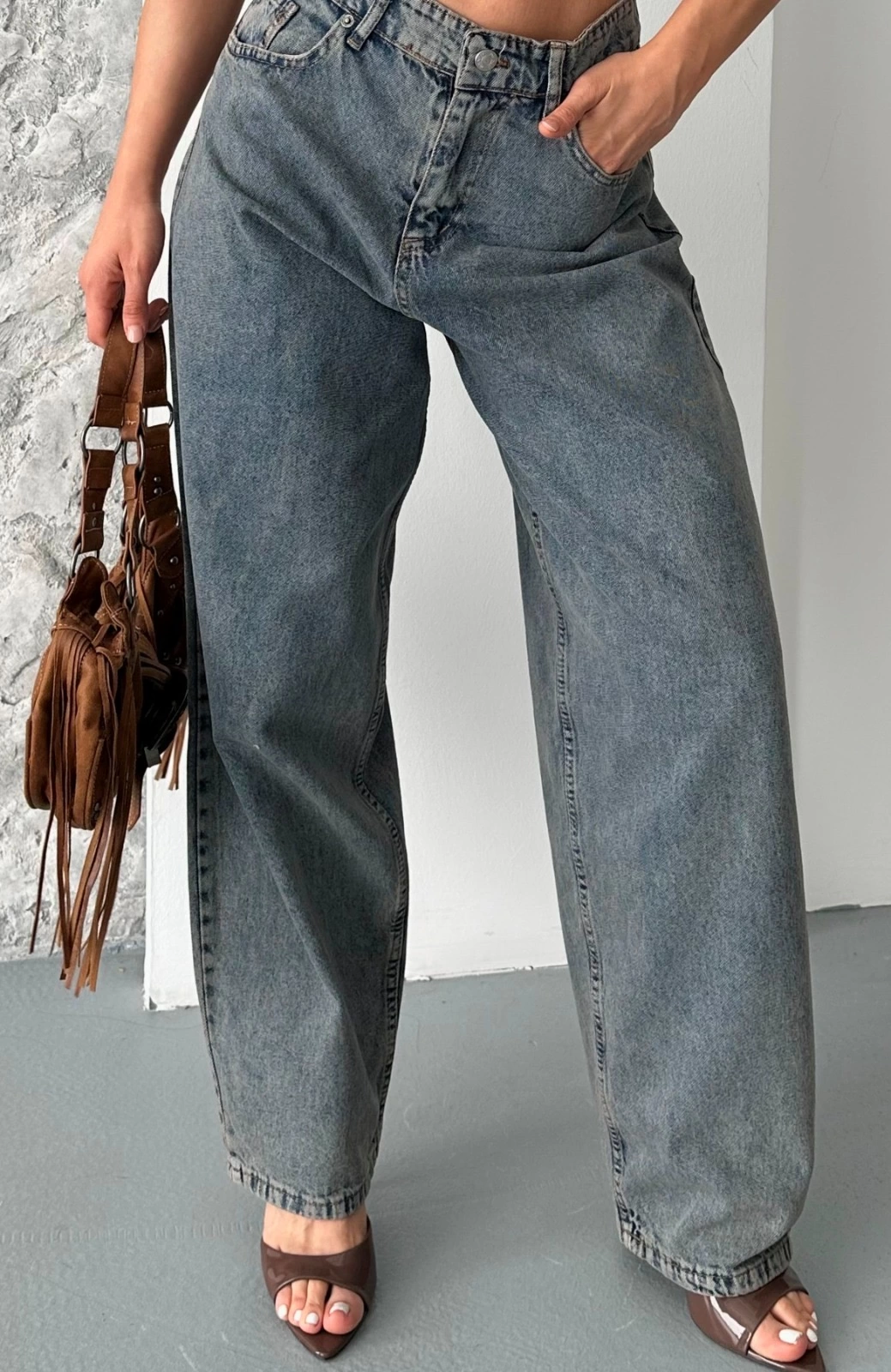 Baggy kar yıkama eskitme kahve jeans pantolon d2007