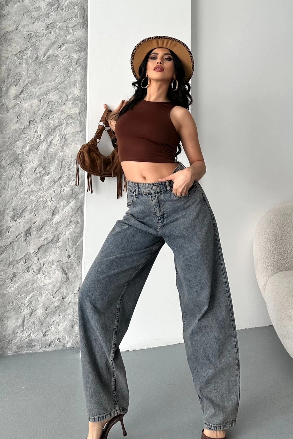Baggy kar yıkama eskitme kahve jeans pantolon d2007