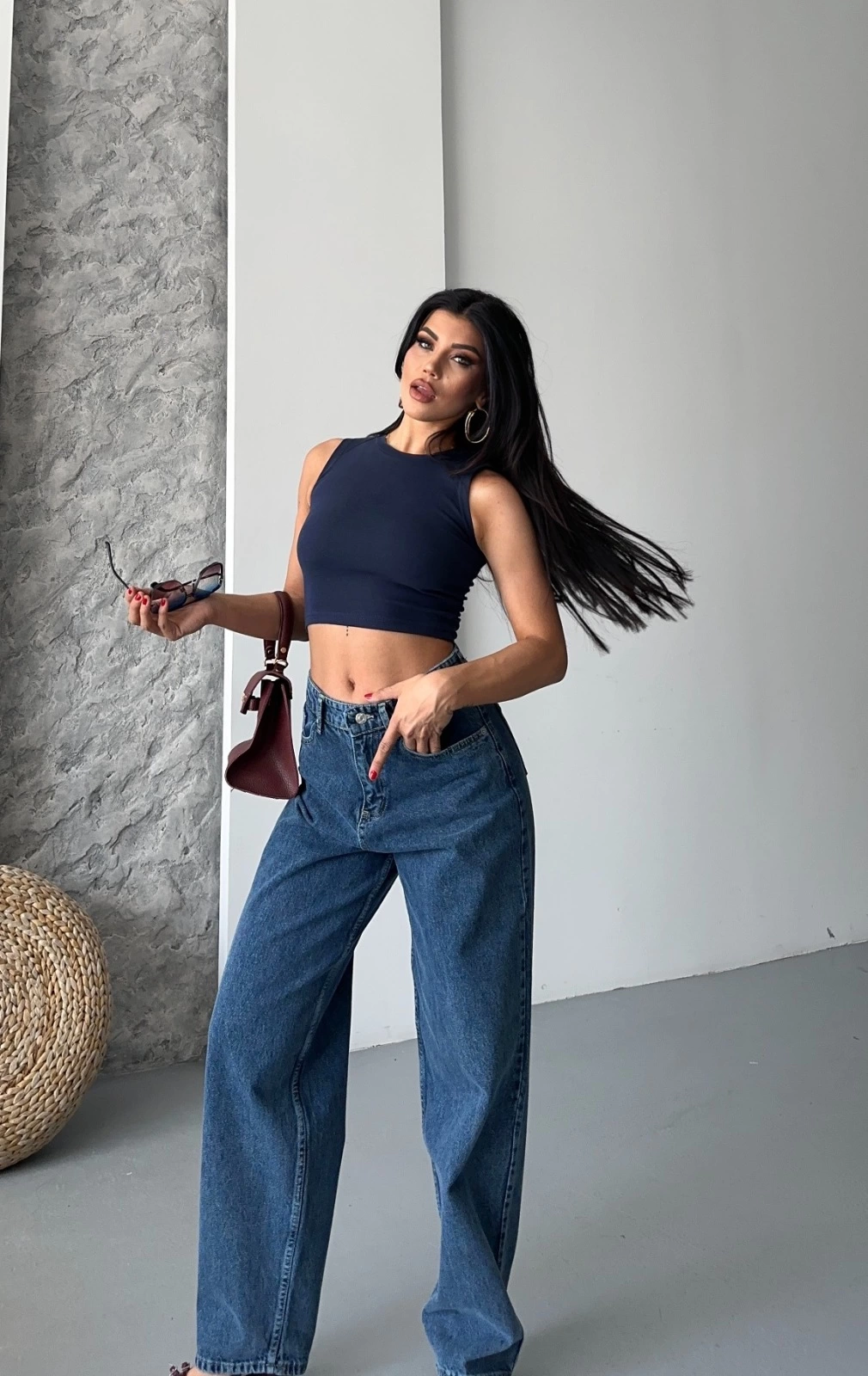 Baggy kar yıkama jeans pantolon koyu mavi d2007
