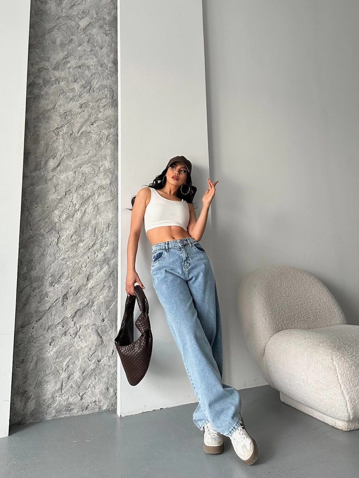 Baggy kar yıkama orta mavi jeans pantolon d2007