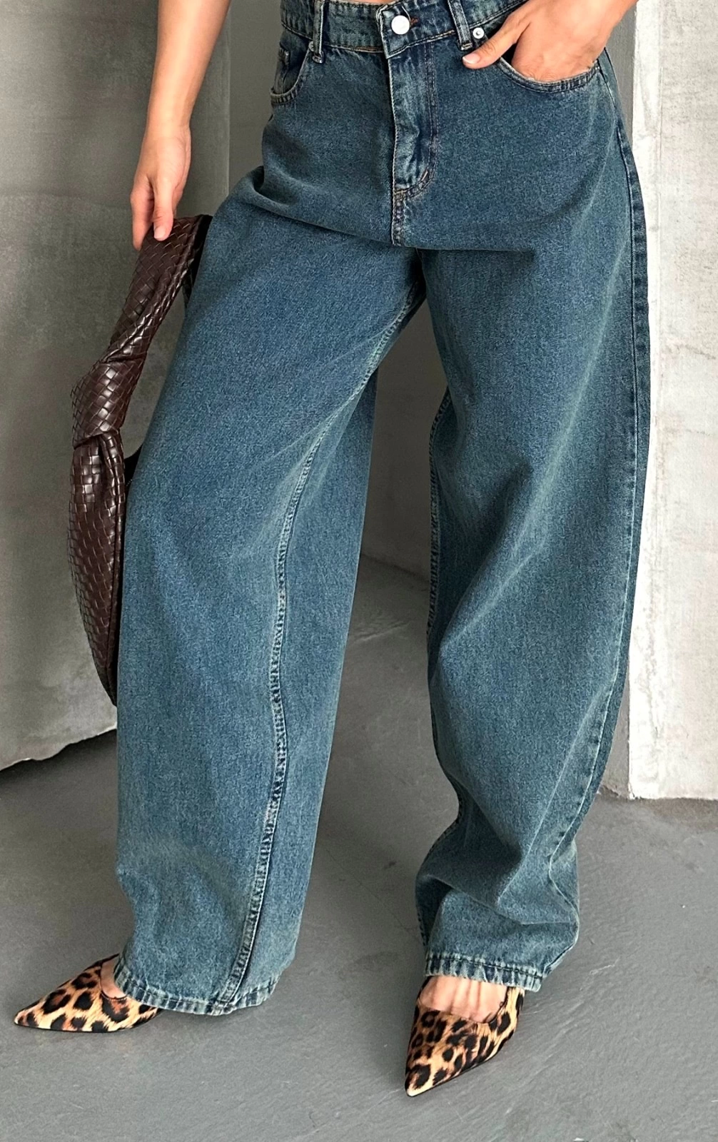 Baggy kar yıkama yeşil tint jeans pantolon d2007