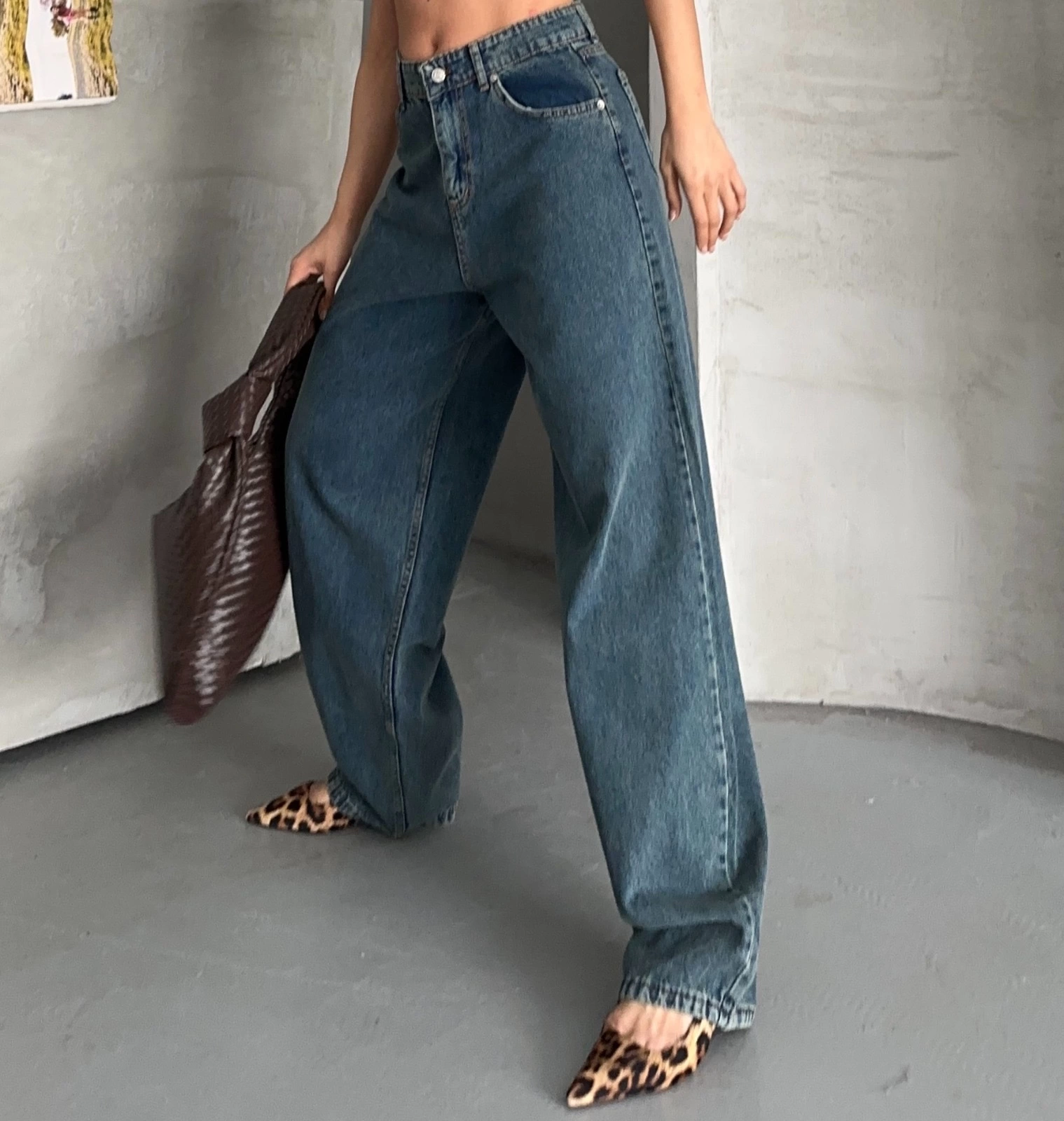 Baggy kar yıkama yeşil tint jeans pantolon d2007