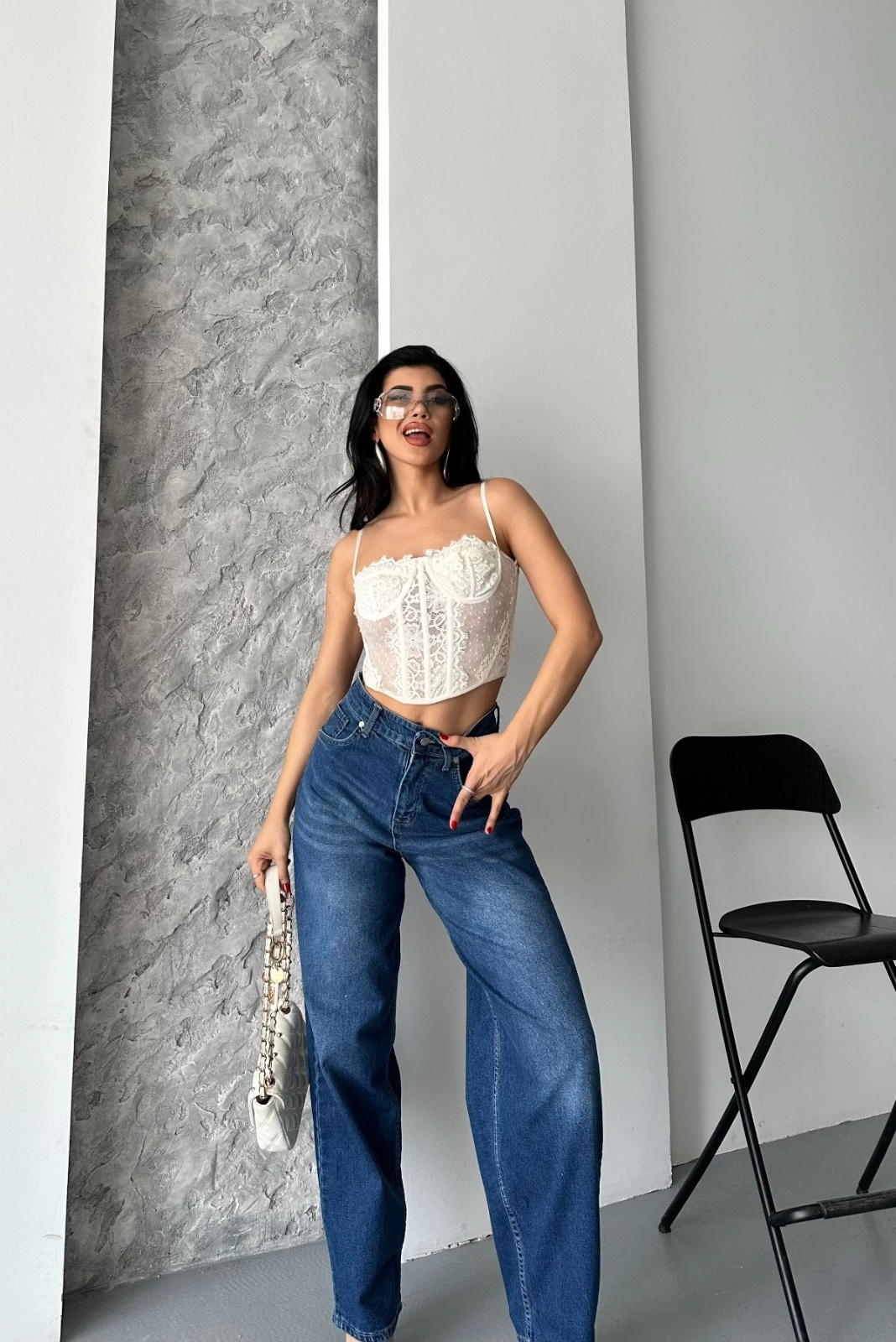 Baggy süper taş bıyık yıkama koyu mavi jeans pantolon d2007