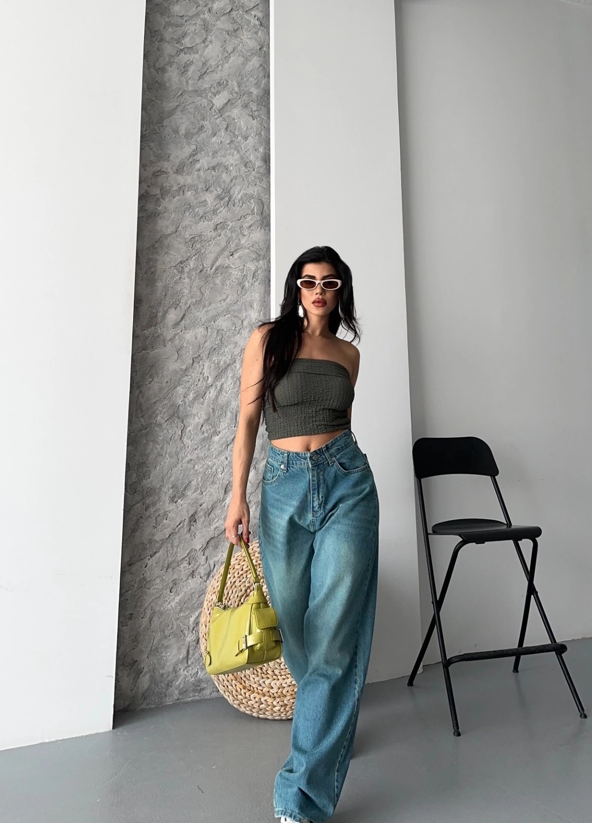 Baggy taş enzim bıyık yıkama jeans pantolon yeşil tint d2007