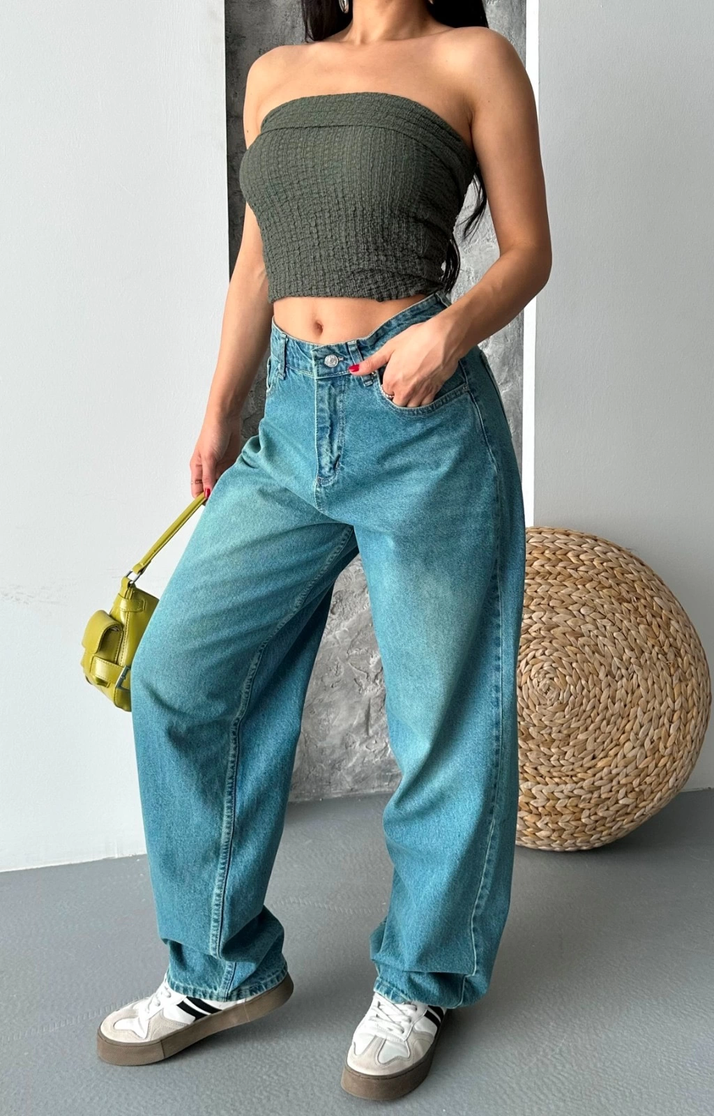 Baggy taş enzim bıyık yıkama jeans pantolon yeşil tint d2007
