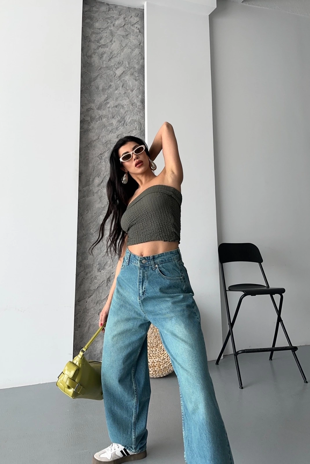Baggy taş enzim bıyık yıkama jeans pantolon yeşil tint d2007