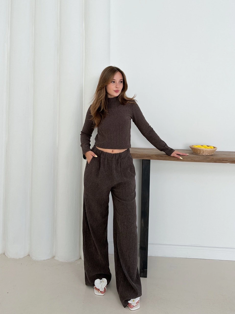 Balıkçı yaka örme takım kahve st265865