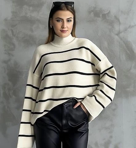 Çizgili ispanyol kol triko boğazlı kazak beyaz elf