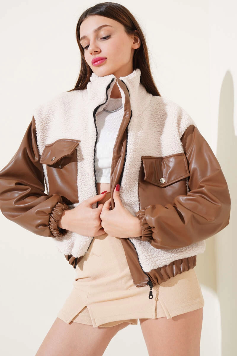 Deri garnili cepli peluş mont taba t1253