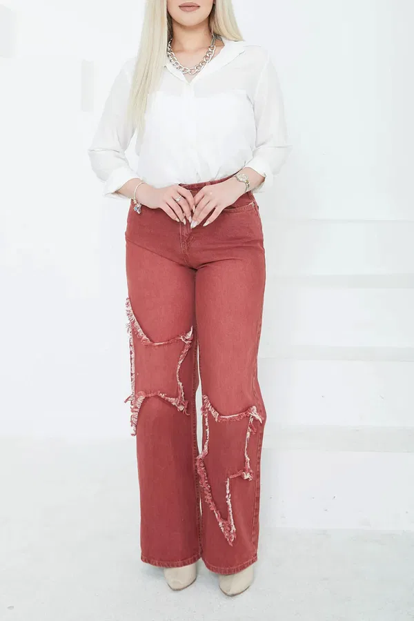 Kadın Yüksel Bel Püskül Detaylı Palazzo Jean Kot Pantolon