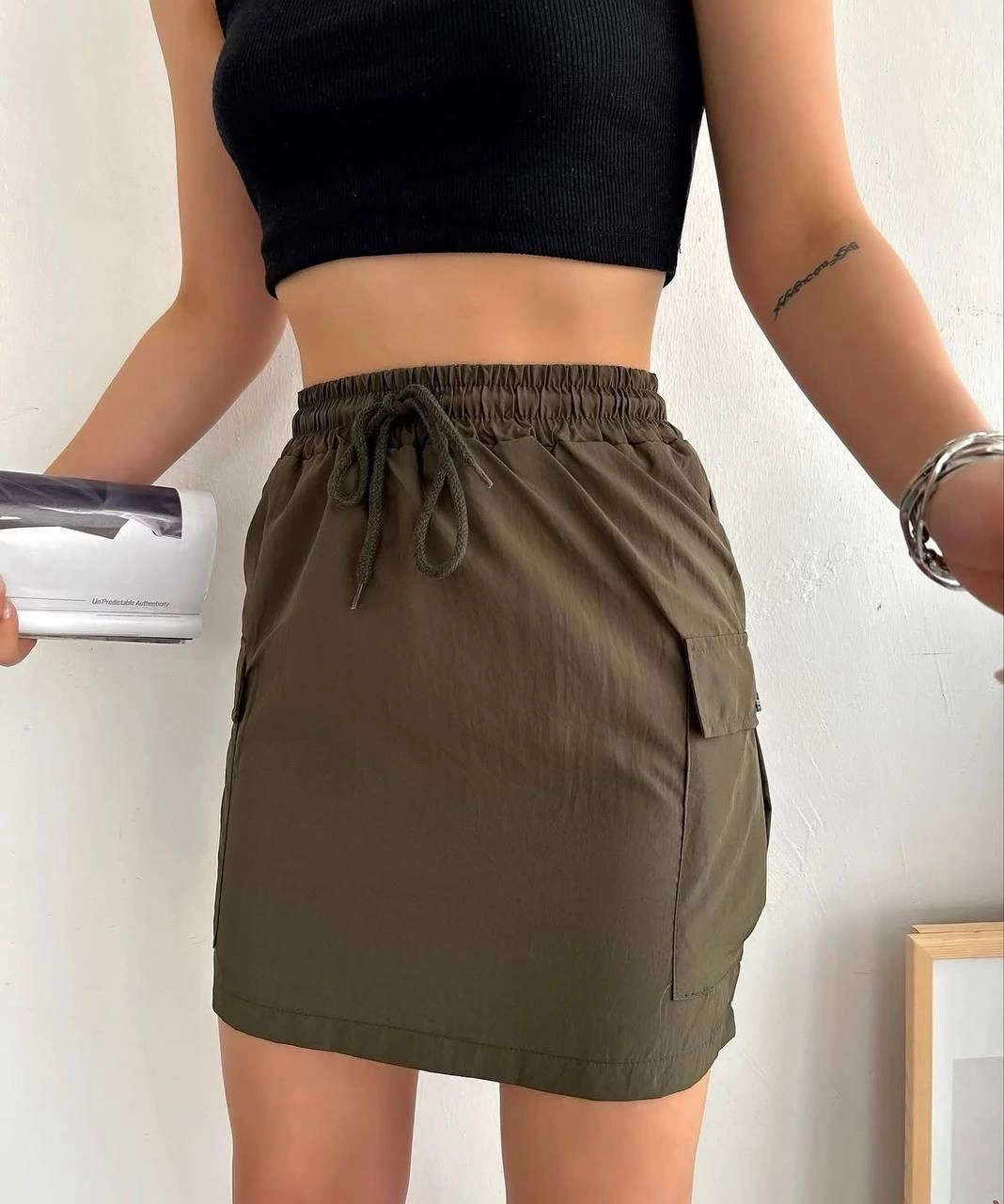 Kargo cep ince paraşüt etek haki s241019