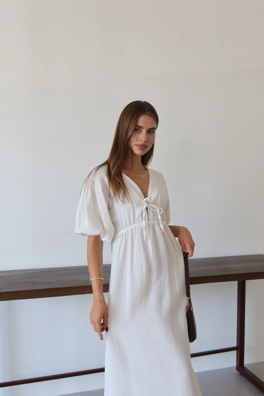 Kısa kollu müslin elbise beyaz pt