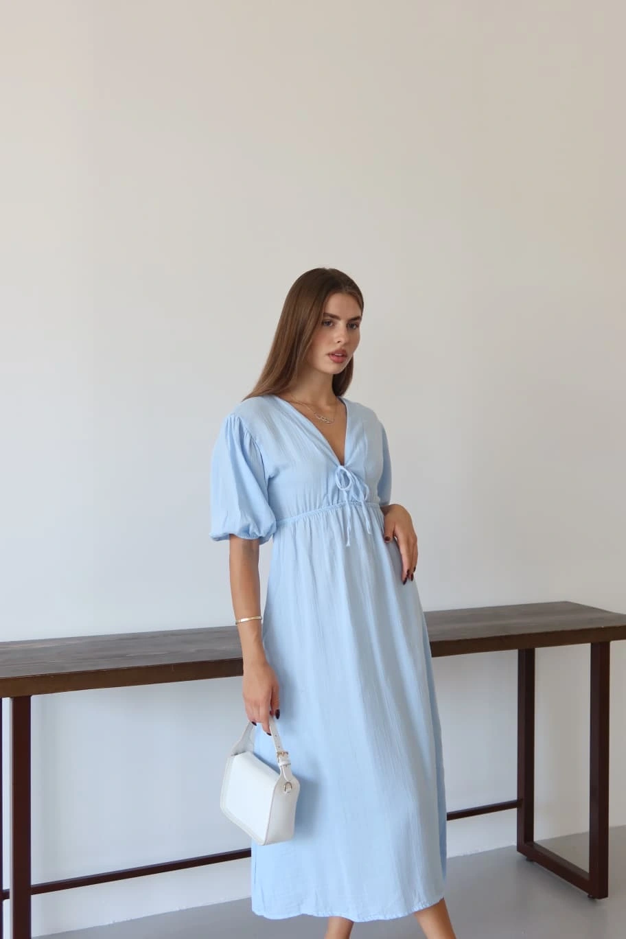 Kısa kollu müslin elbise mavi pt