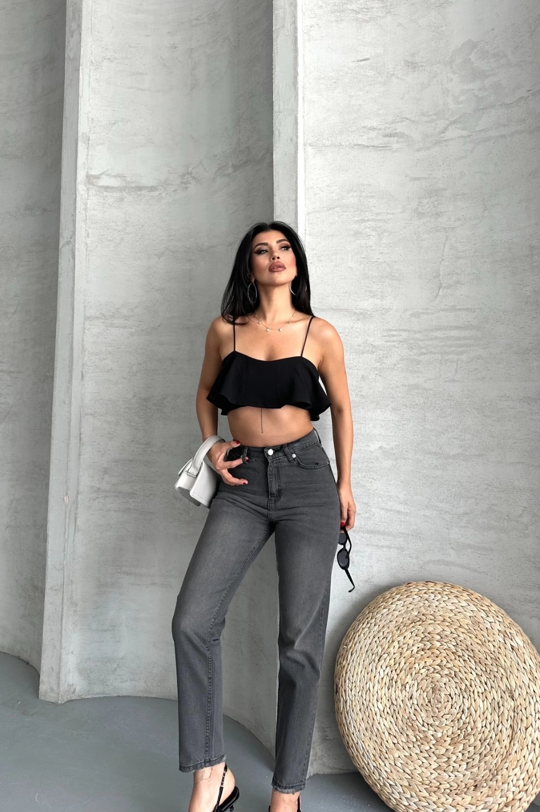 Mom fit enzim taş yıkama jeans pantolon füme d2006