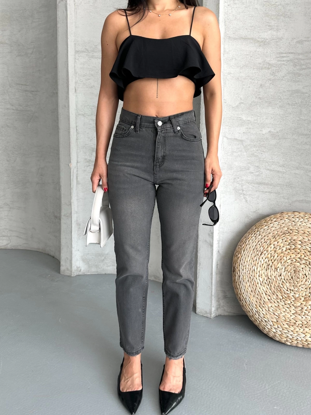 Mom fit enzim taş yıkama jeans pantolon füme d2006