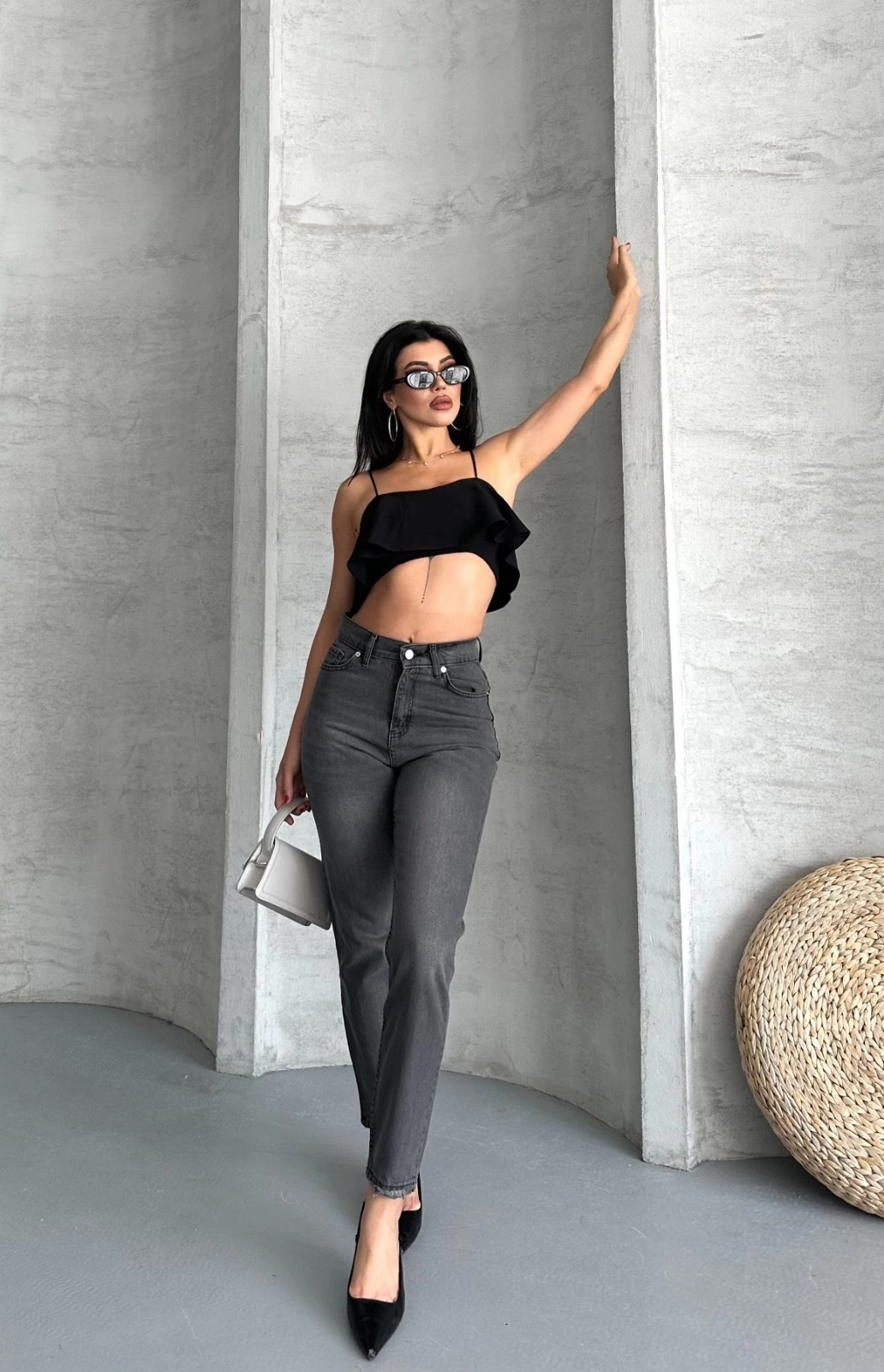 Mom fit enzim taş yıkama jeans pantolon füme d2006