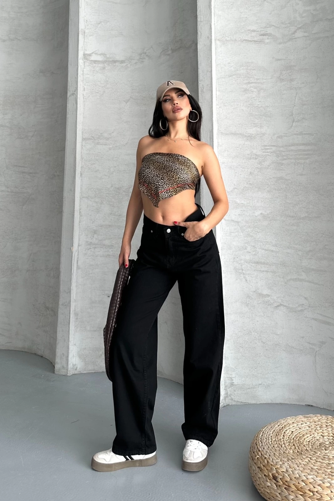Palazzo straight enzim süper taş yıkama jeans pantolon siyah d2008