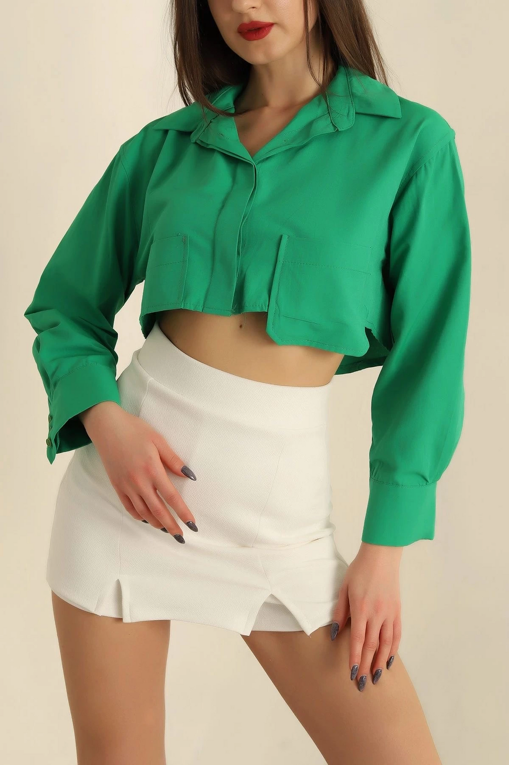 Poplin crop gömlek yeşil s3060
