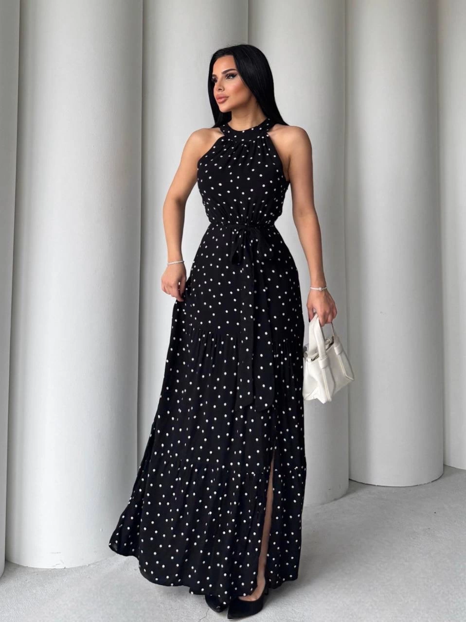 Puantiyeli yırtmaçlı elbise N4233