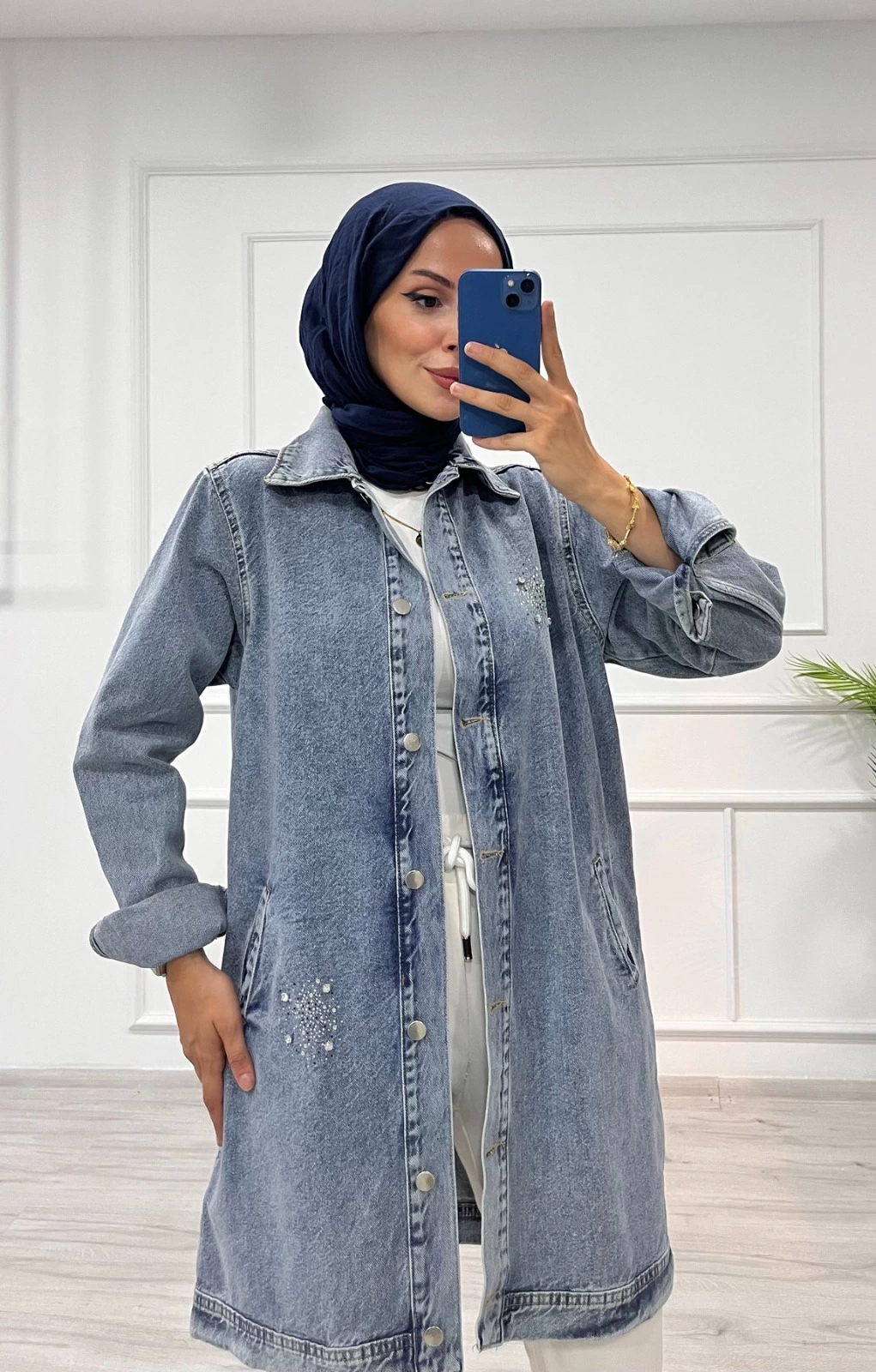 Taşlı tunik ceket kar yıkama orta mavi d2516