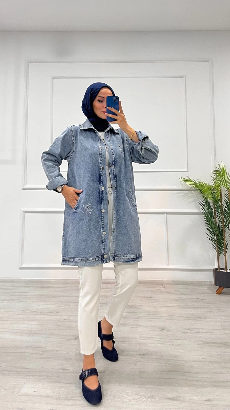 Taşlı tunik ceket kar yıkamalı mavi d2516