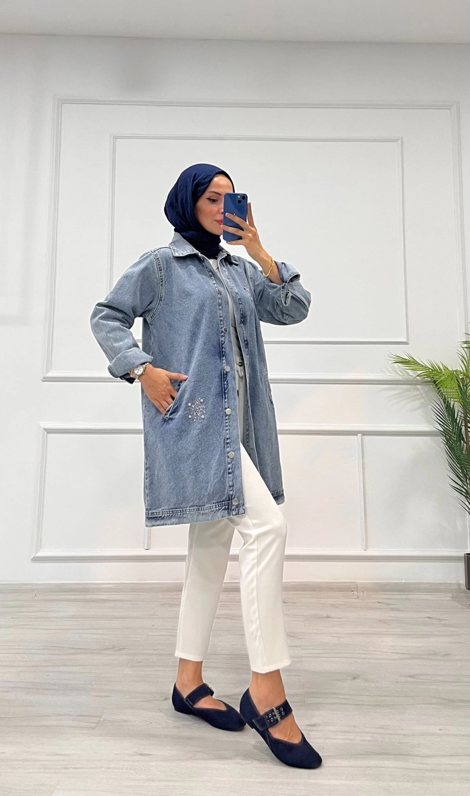 Taşlı tunik ceket kar yıkamalı mavi d2516