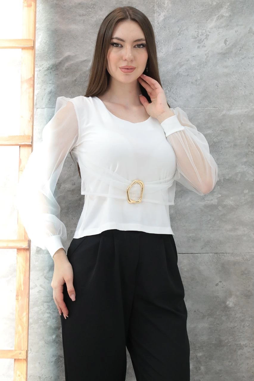 Tokalı tül kollu bluz beyaz t4071