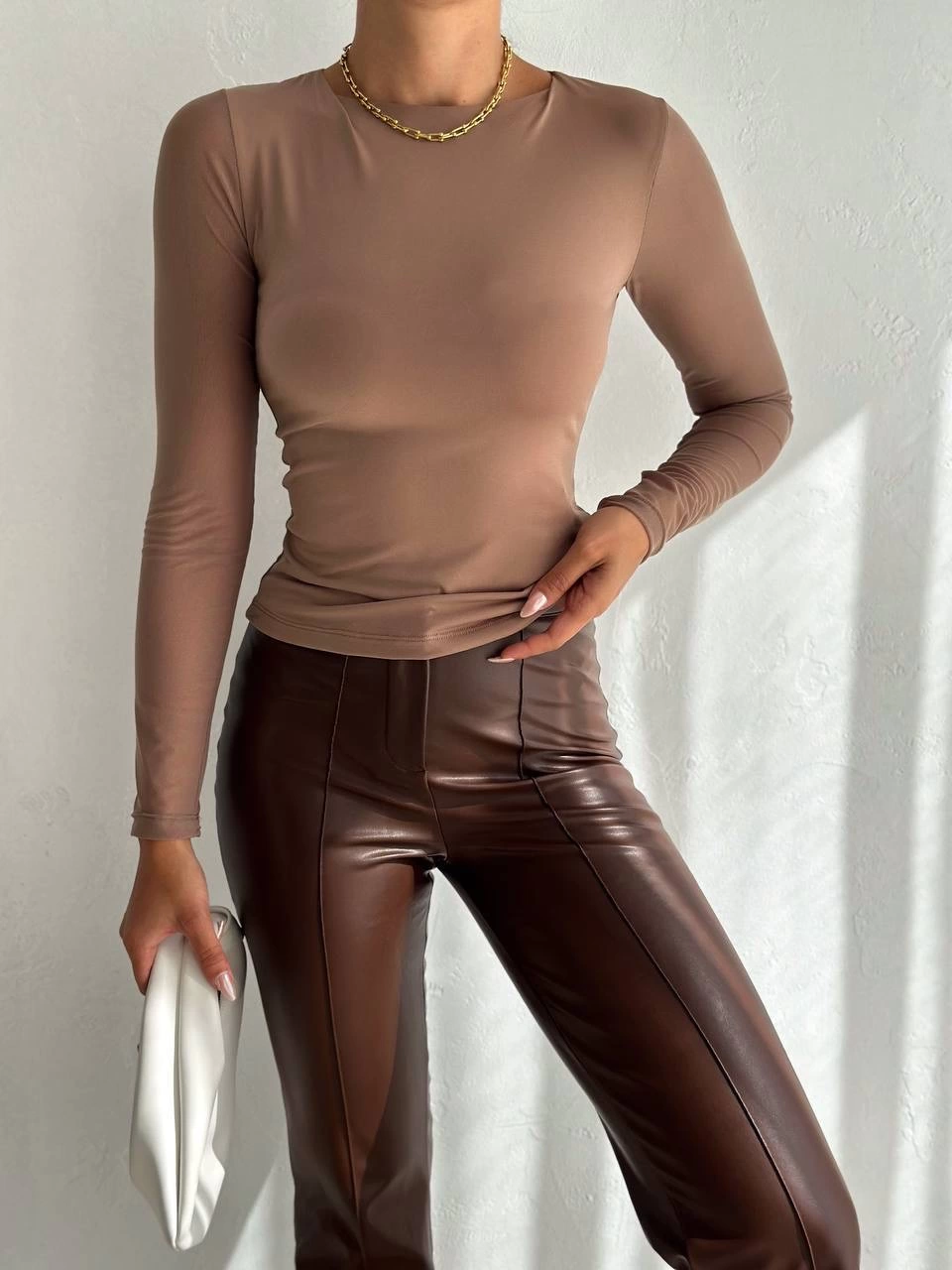 Tül kollu bluz vizon f2252
