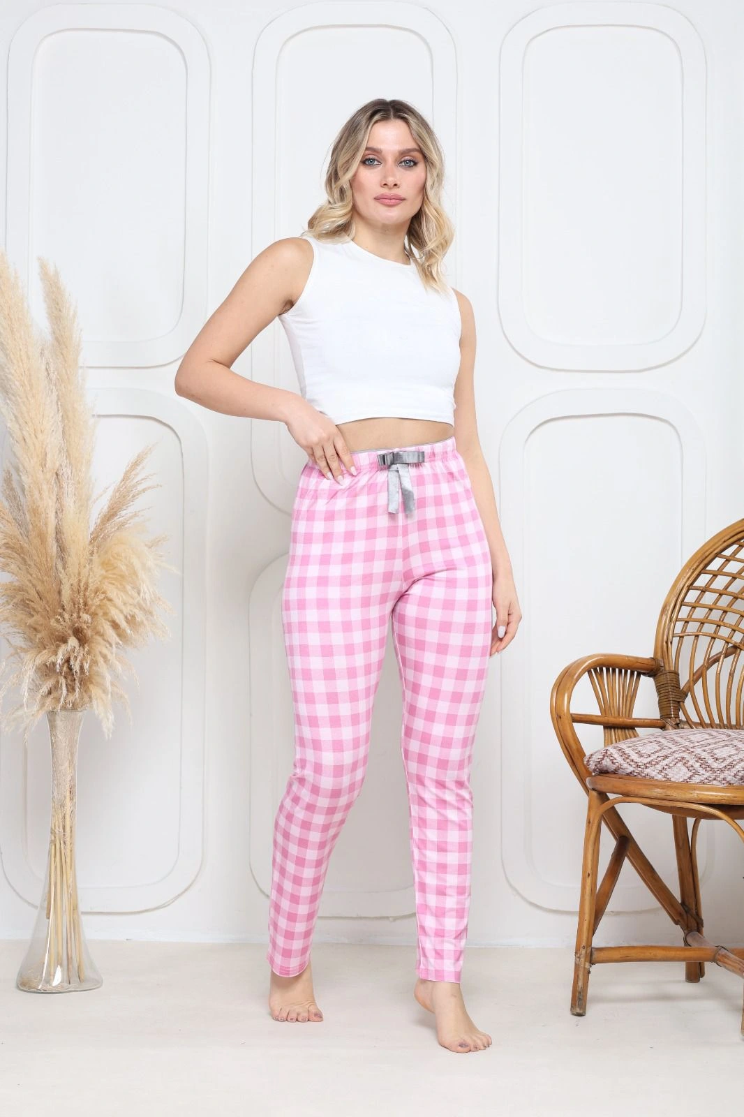 Viskon likralı alt pijama ekıse pembe baskı desenli q6018