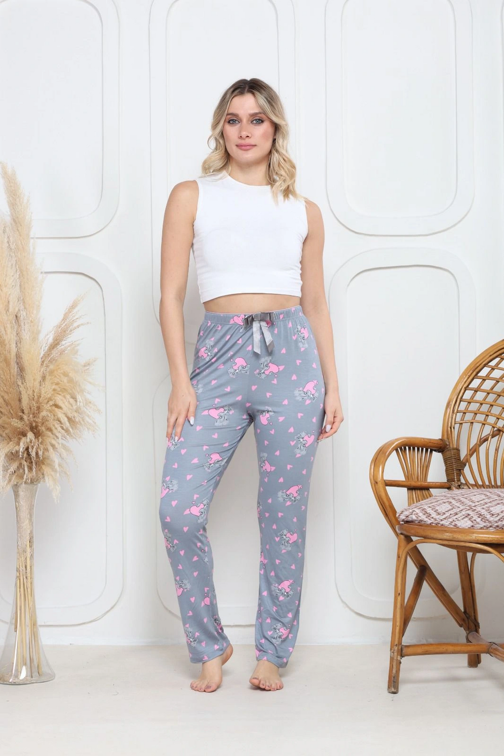 Viskon likralı alt pijama gri üzerine pembe kelebek baskı desenli q6018